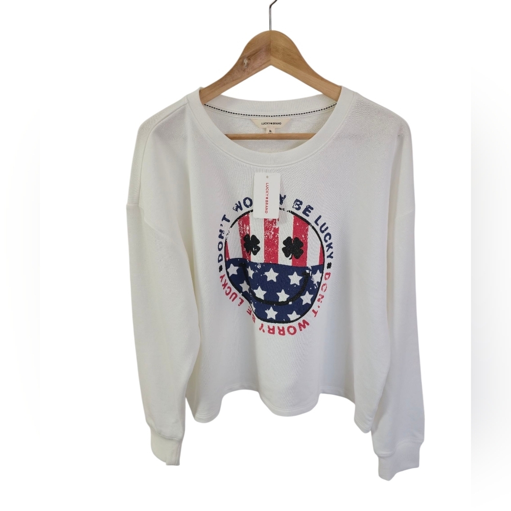 NWT Lucky Brand Women's Graphic Don't Worry Long Sleeve Top White Size XL